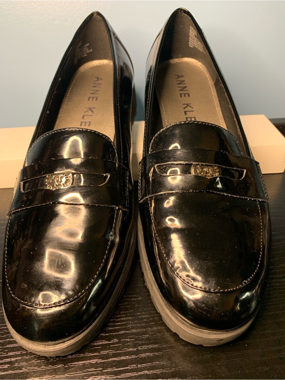 Anne Klein Black Patent Slip-On Loafers with Gold Accent
